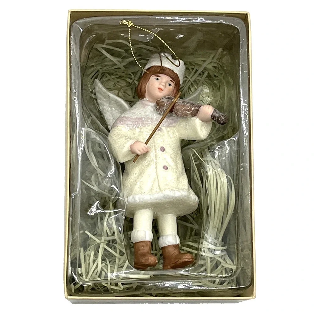 Vintage Costco Porcelain Snow Angel Wings Christmas Victorian Violin Ornament 5